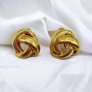 Knot Earrings Gold-Tone Textured Clip-On Vintage